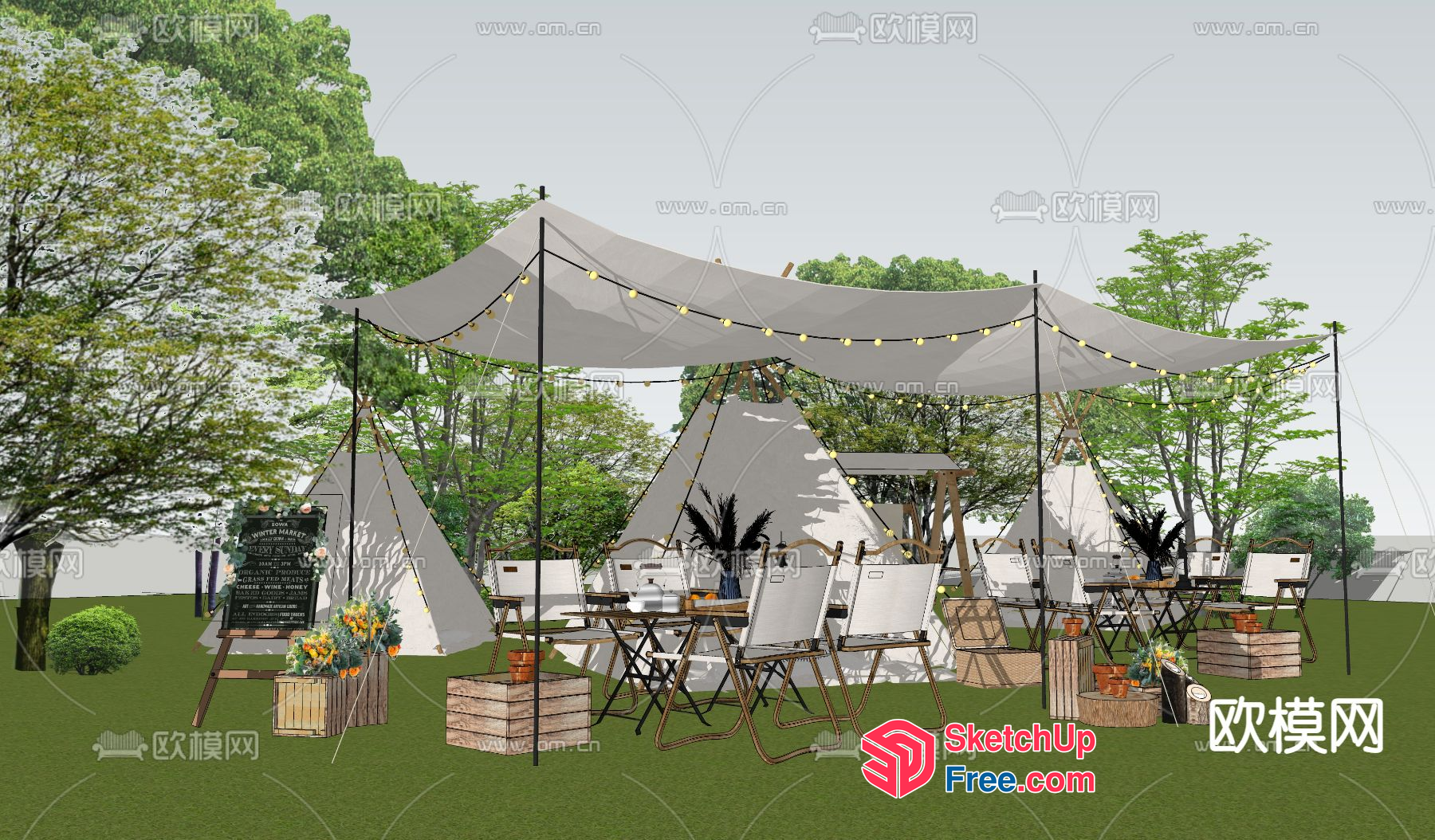 Outdoor Dining Area With Tents And String Lights 3D SketchUp File
