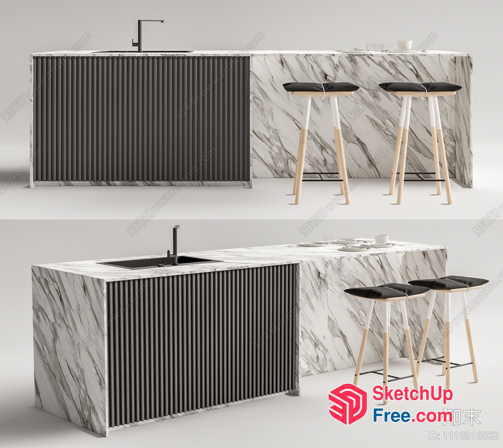 Modern Marble Kitchen Island With Black And White Accents 3D SketchUp File