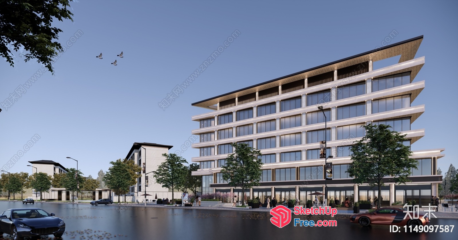 Modern Office Building With Glass Curtain Wall And Trees 3D SketchUp File