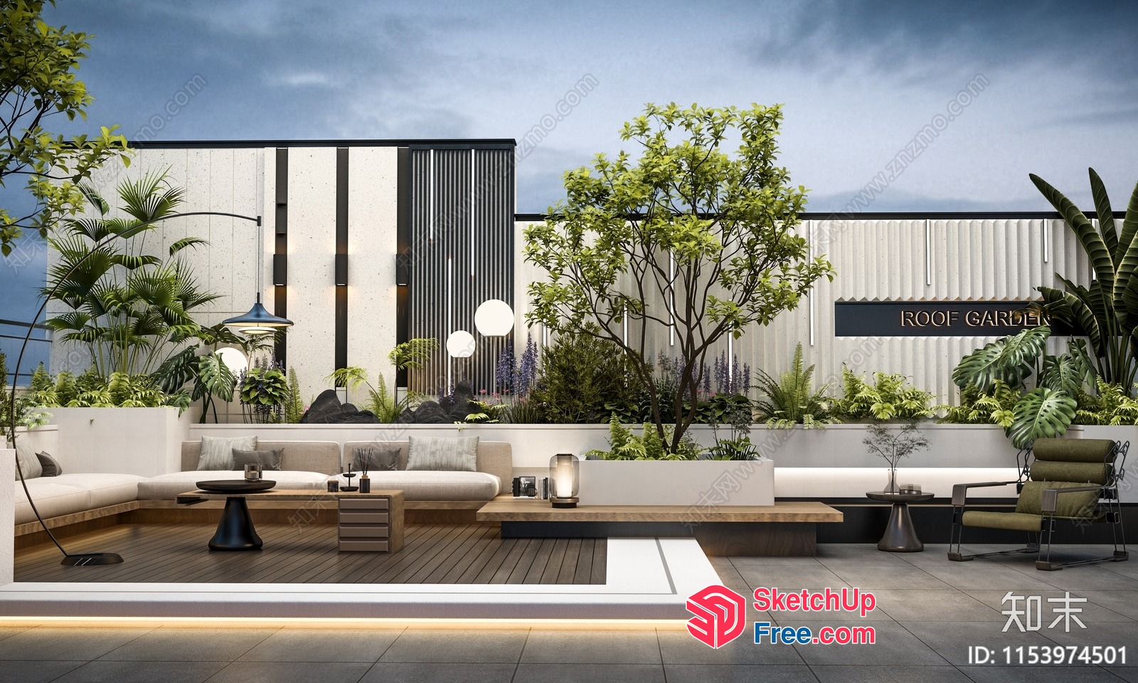 Modern Rooftop Patio With Unique Lighting And Plants 3D SketchUp File