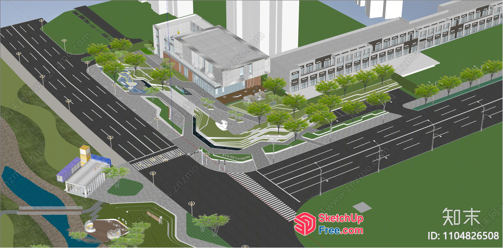 Modern Commercial Street With Office Building And Green Spaces 3D SketchUp File