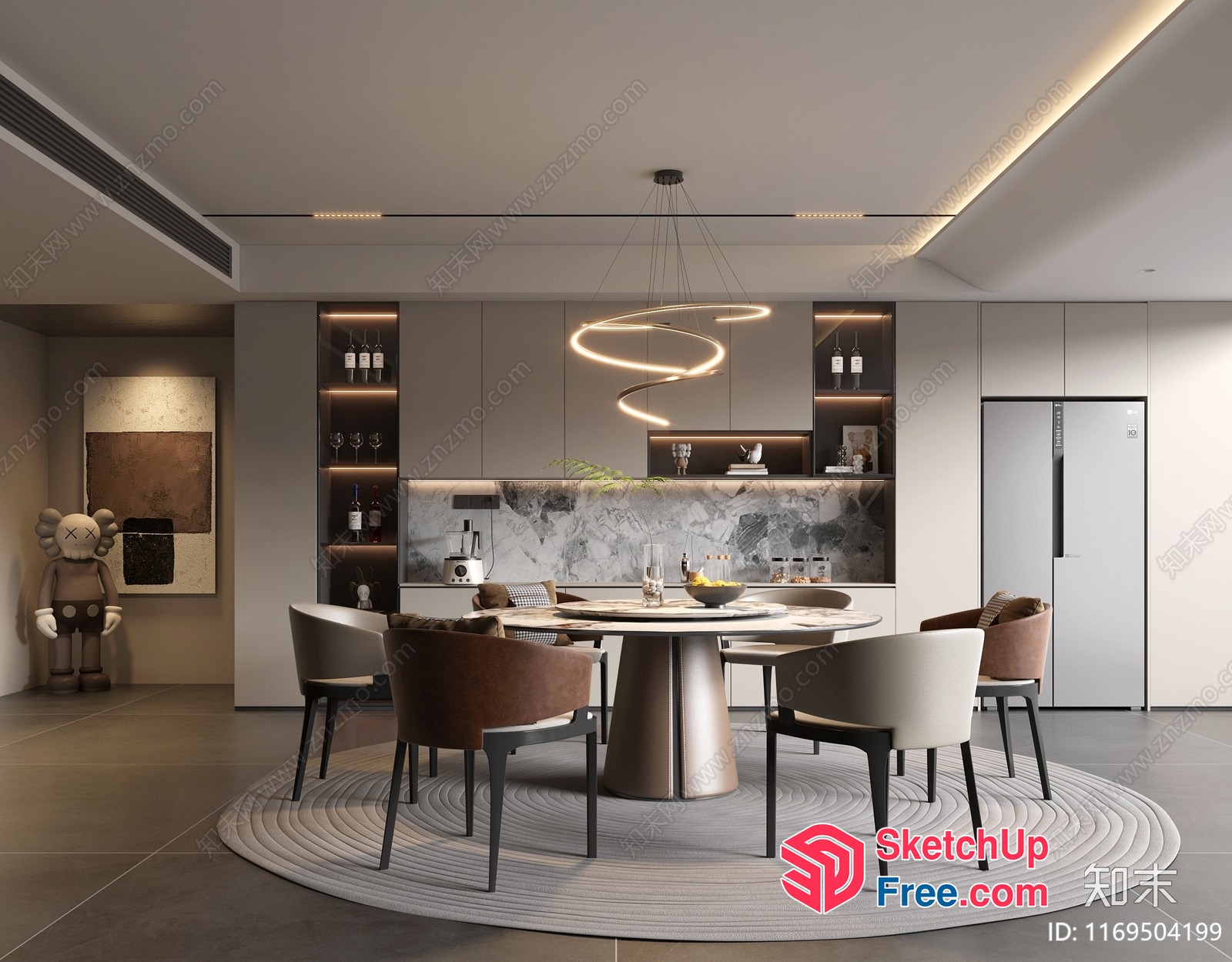 Modern Minimalist Dining Room With Circular Table And Chairs 3D SketchUp File