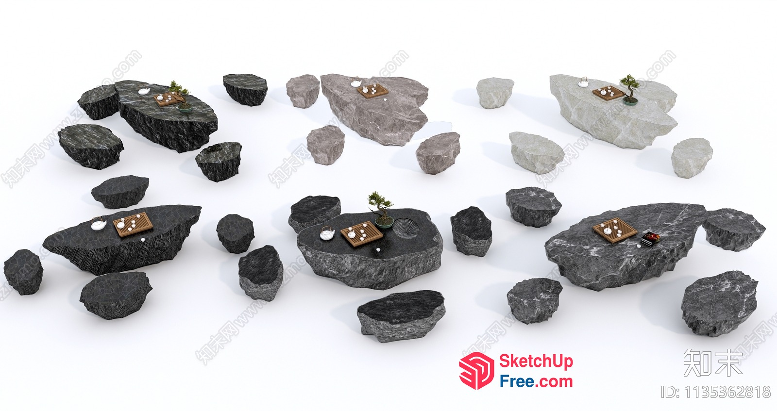 A Collection Of Unique Rock-Shaped Tables And Benches 3D SketchUp File