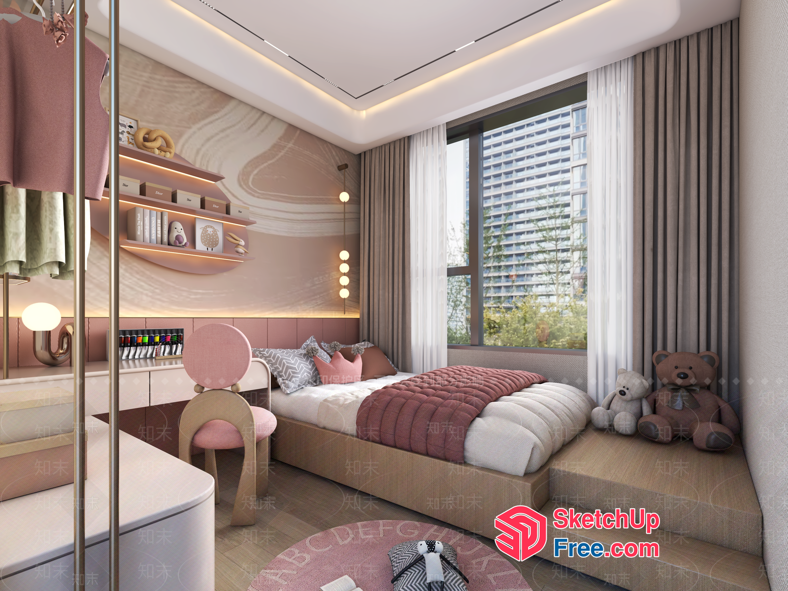 Modern And Elegant Pink And Brown Bedroom 3D SketchUp File
