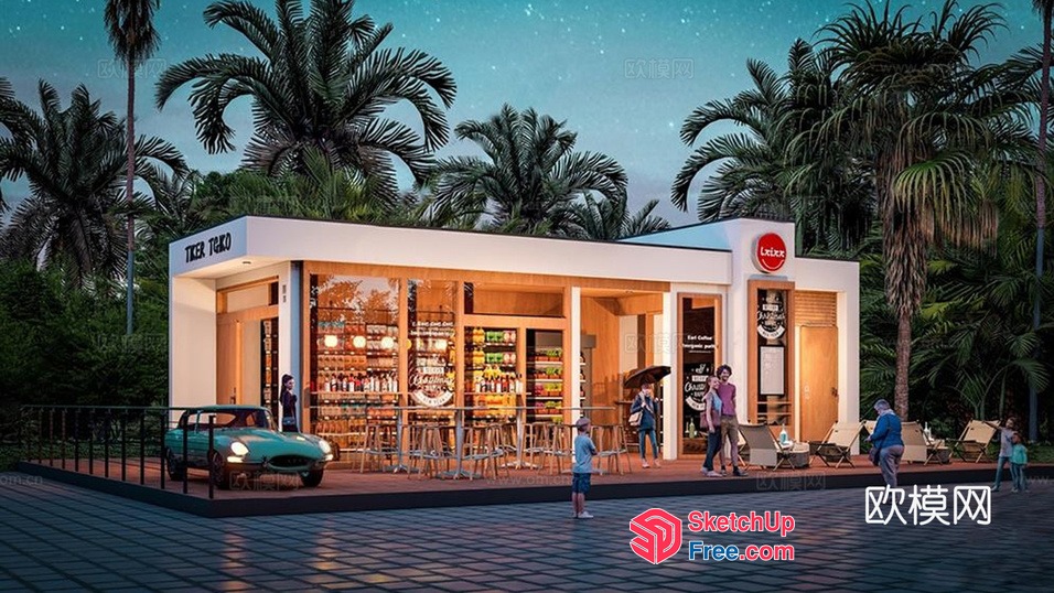 Modern Gas Station With Tropical Exterior Decor 3D SketchUp File