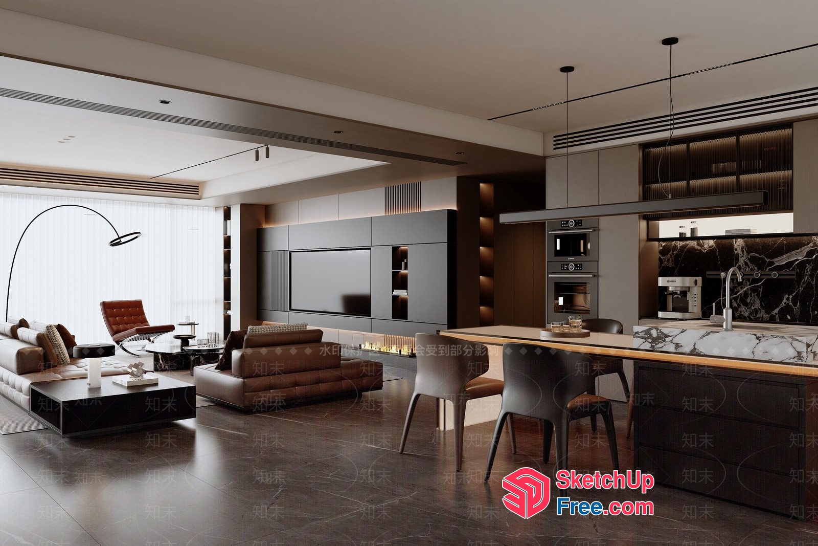 Modern Open Plan Living Room With Sleek Furniture And Lighting 3D SketchUp File