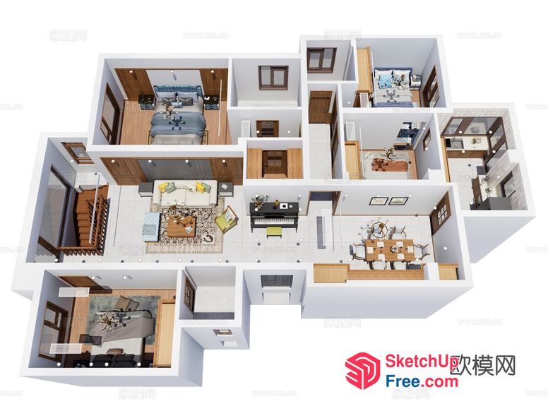 3D Floor Plan Of A Modern House With Furniture 3D SketchUp File