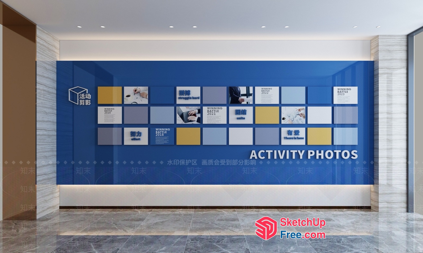 Modern Office Space With Blue Wall And White Ceiling 3D SketchUp File