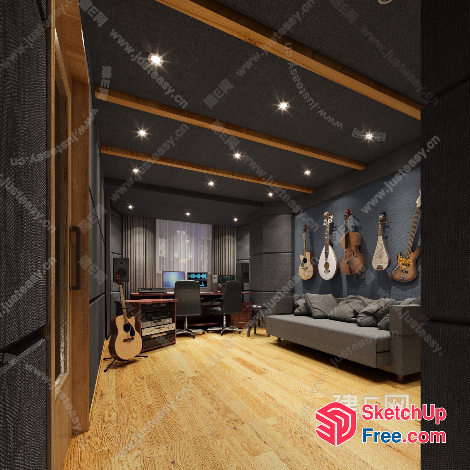 Music Room With A Collection Of Guitars And A Cozy Couch 3D SketchUp File