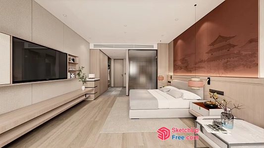 Minimalist Style Bedroom With Creamy And White Decor 3D SketchUp File