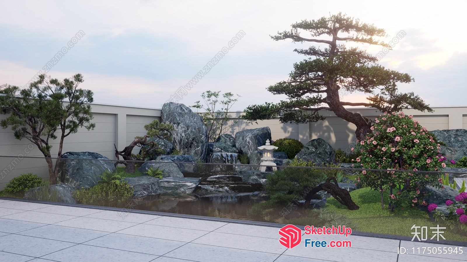 Japanese Garden With Stone Waterfall And Lantern 3D SketchUp File
