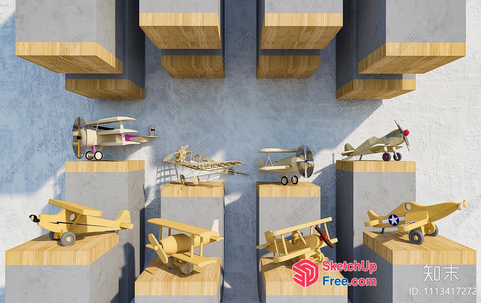 Wooden Airplane Collection On Pillars 3D SketchUp File