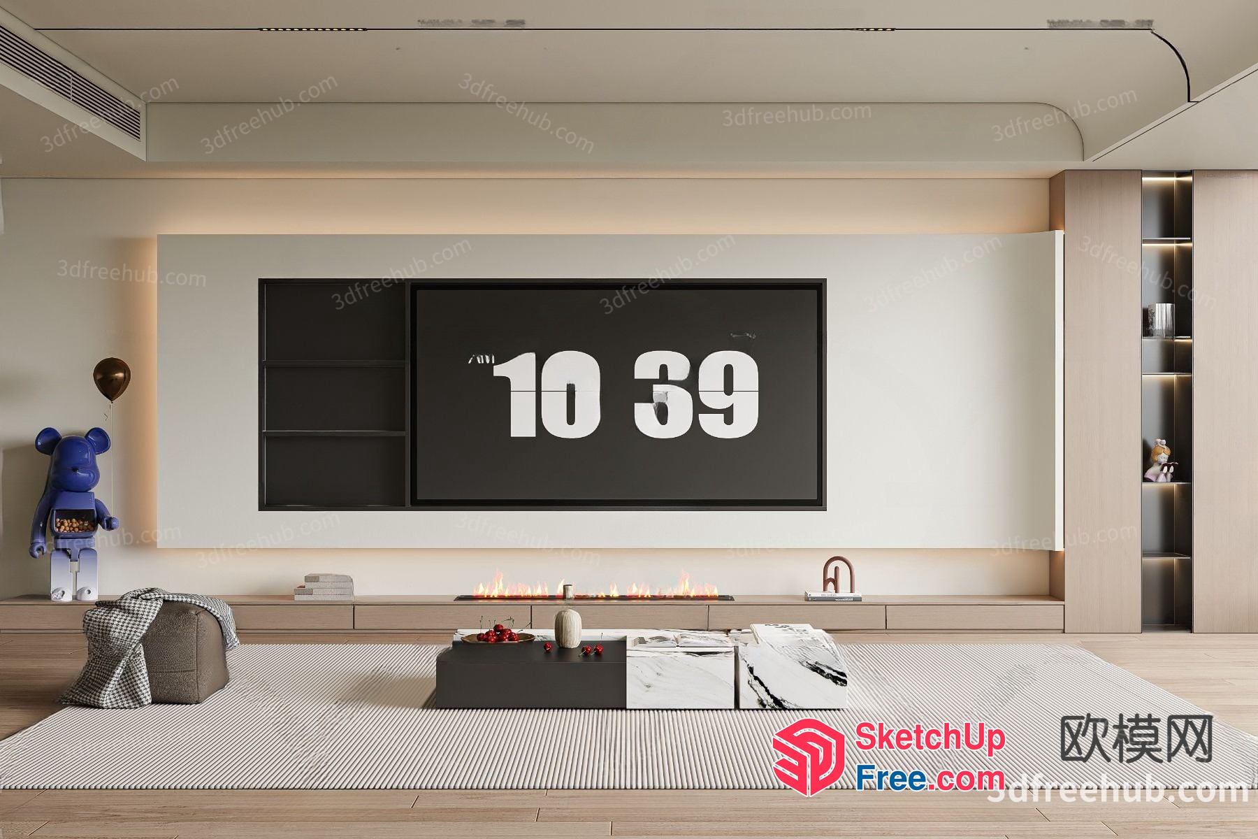 Modern Minimalist Living Room With Fireplace And Large Tv 3D SketchUp File