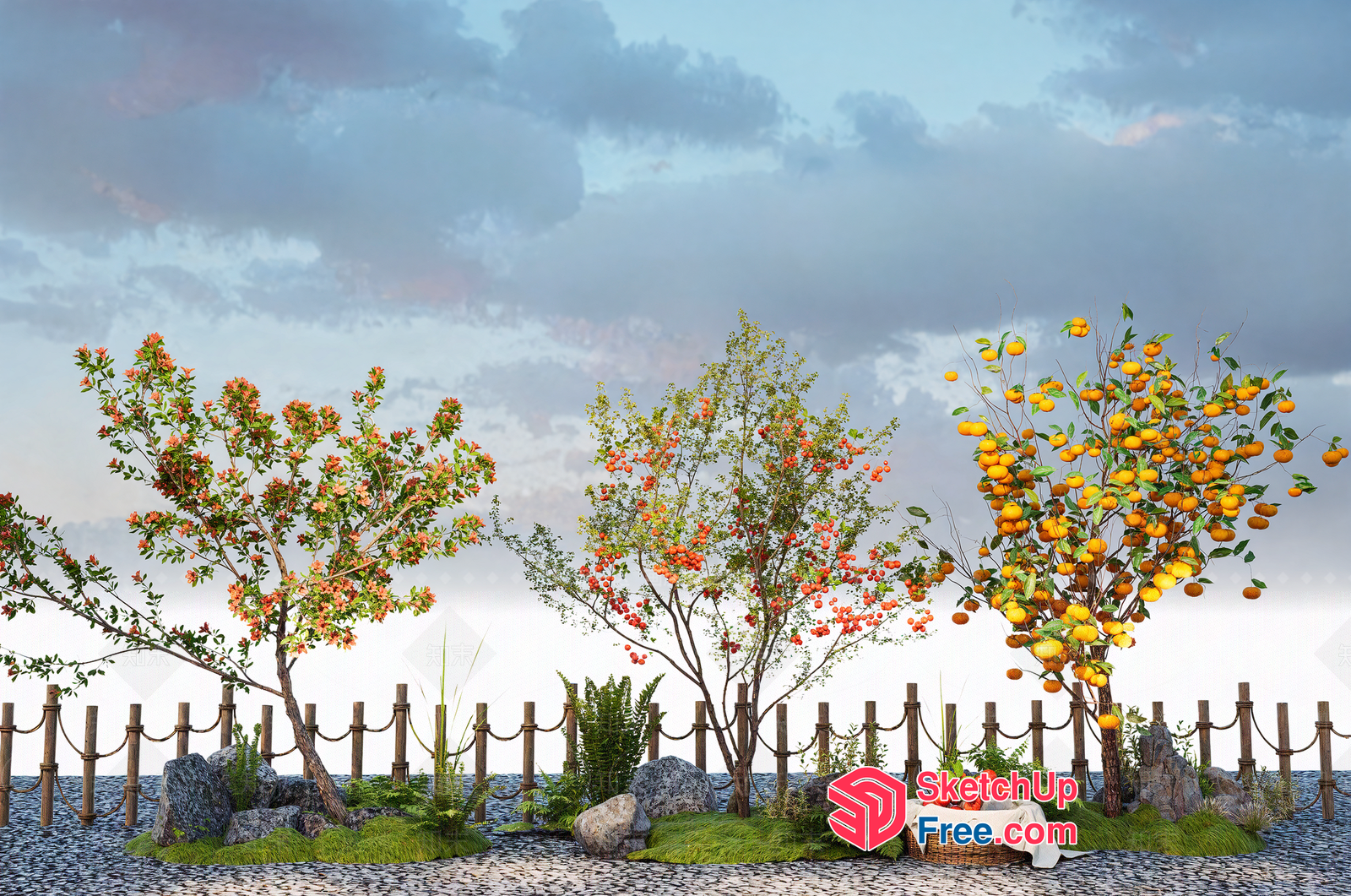 Vibrant Garden Scene With Fruit Trees And Foliage 3D SketchUp File