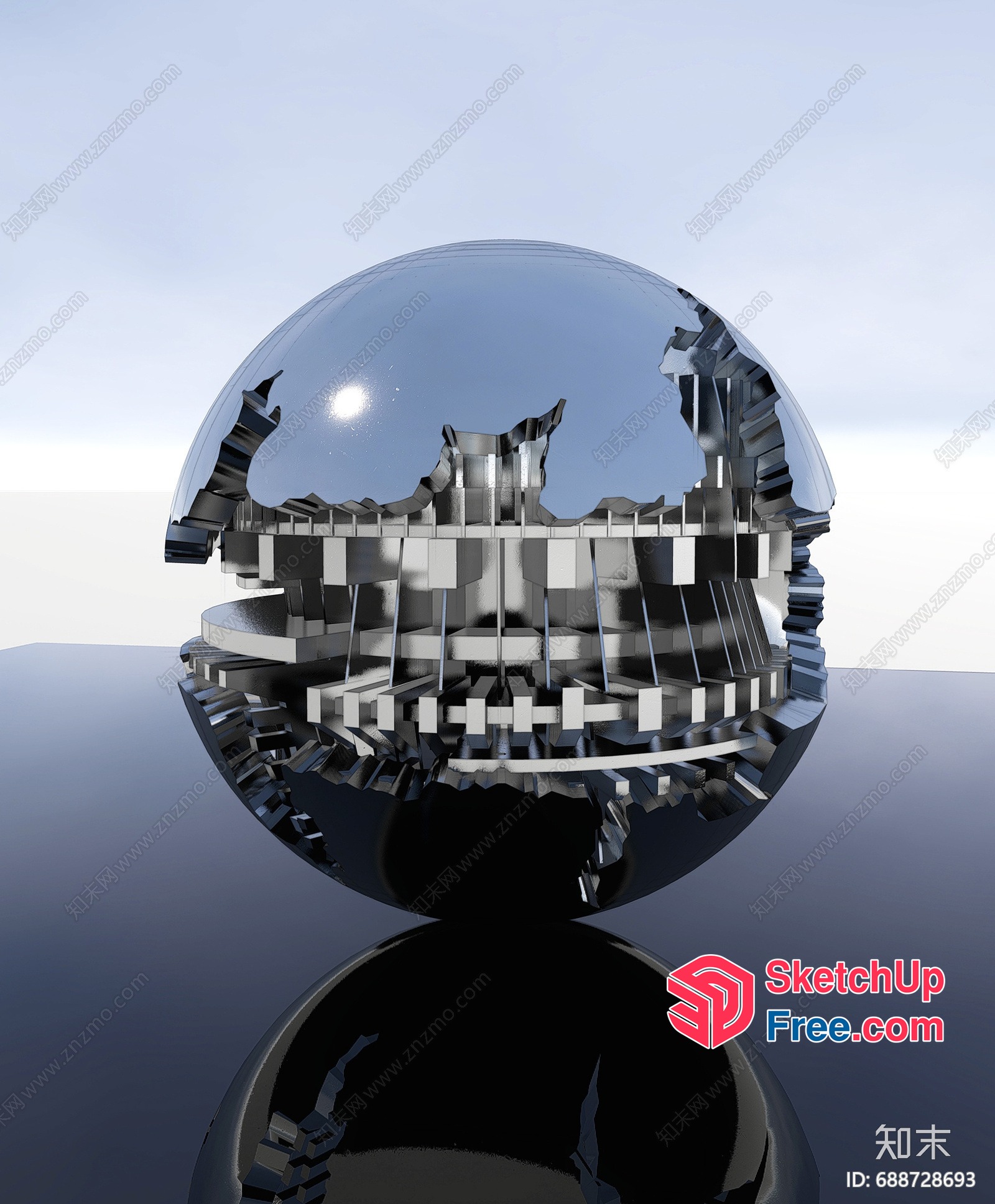 Futuristic Metallic Structure Reflected In A Glass Sphere 3D SketchUp File