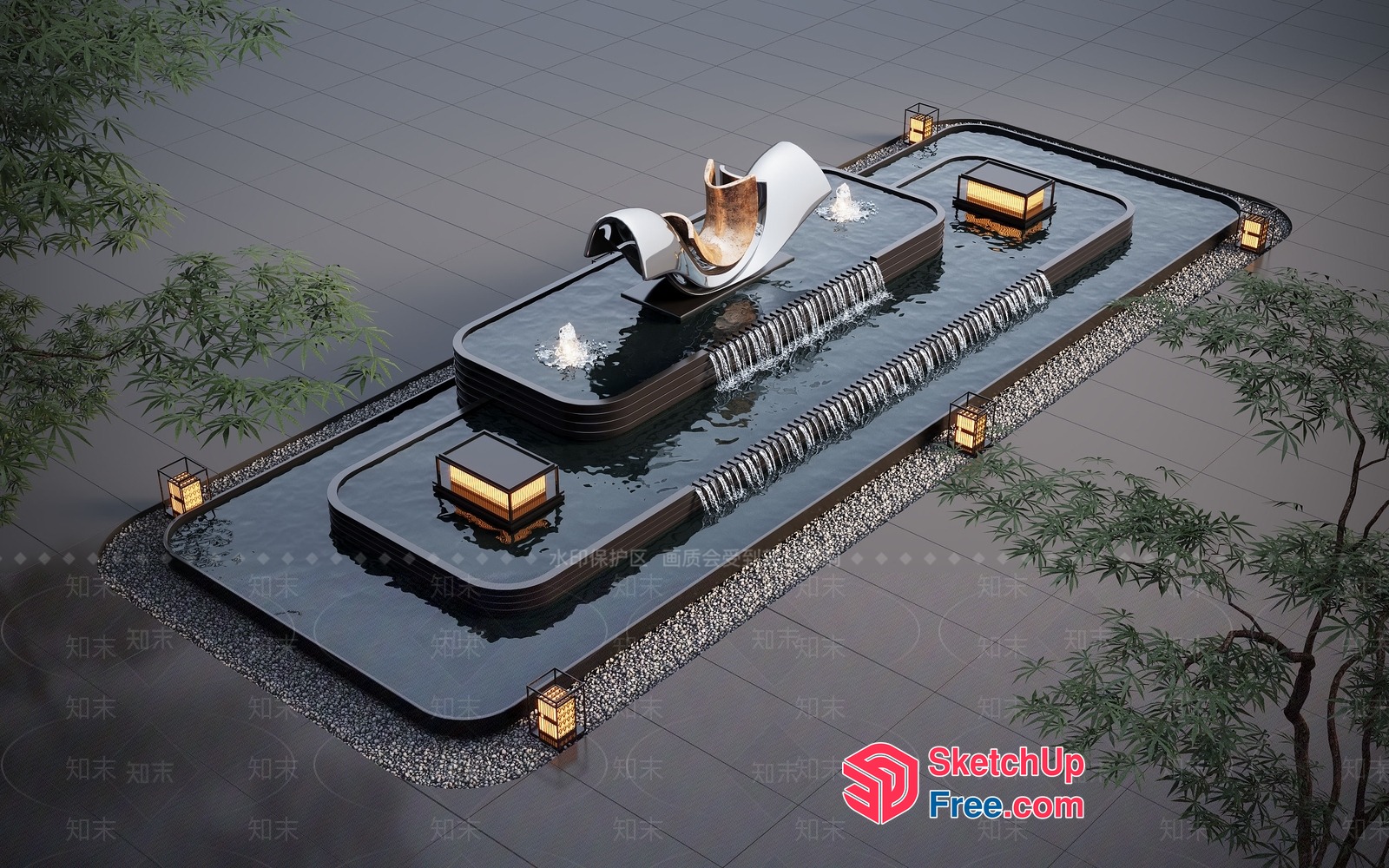 Japanese-Style Water Feature With Lanterns And Sculpture 3D SketchUp File