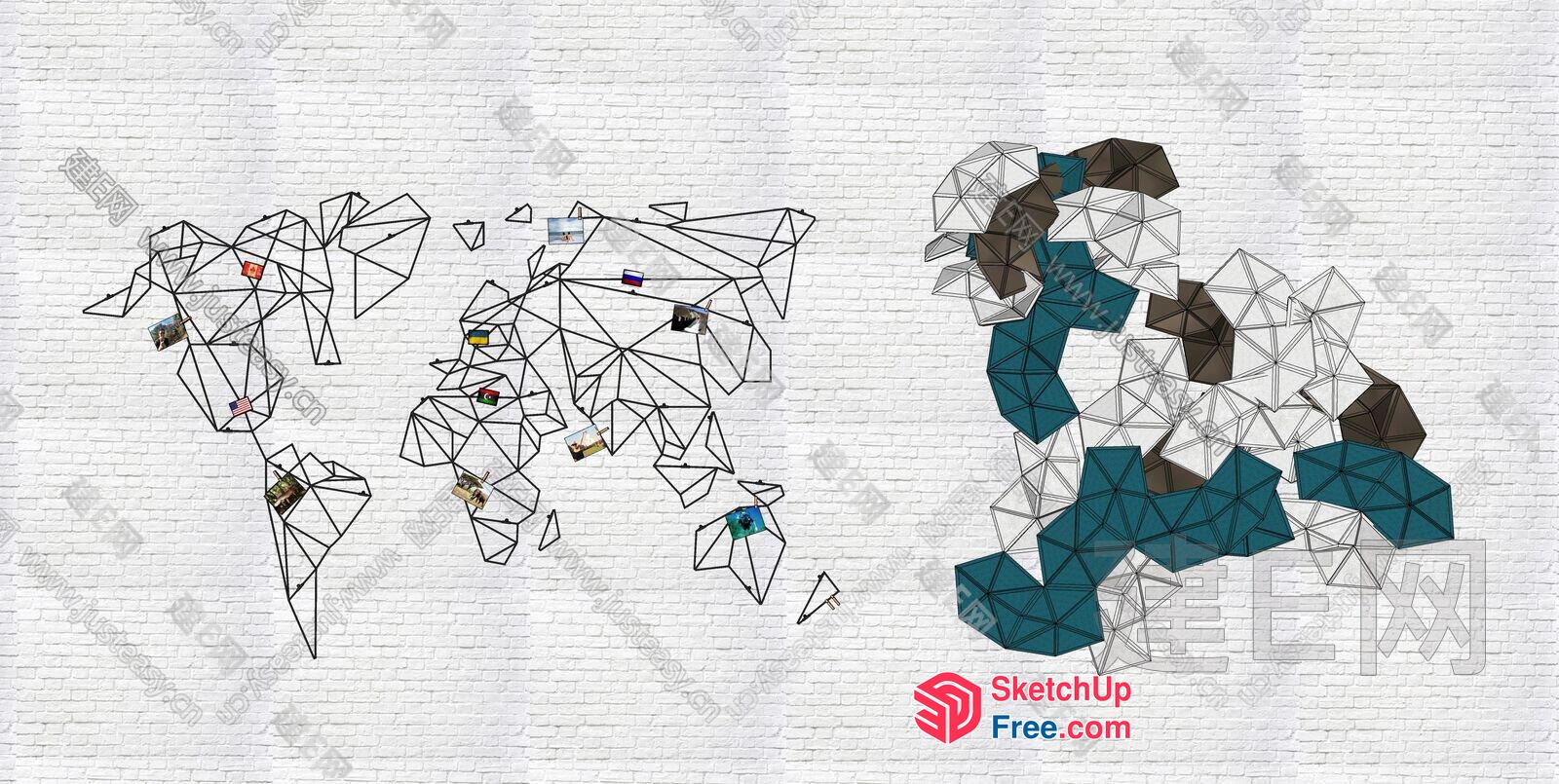 Geometric World Map On White Brick Wall 3D SketchUp File
