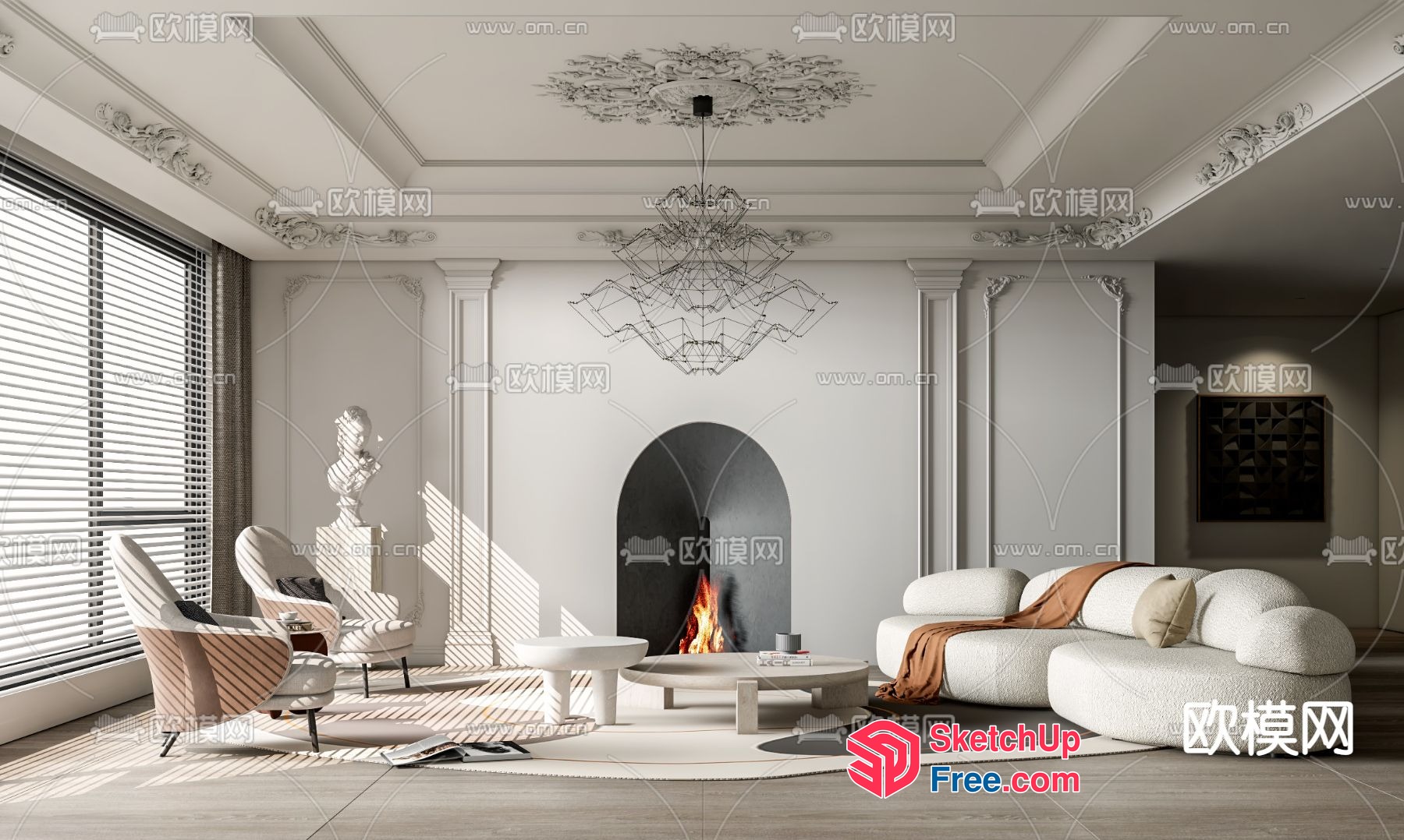 Elegant White Living Room With Fireplace And Pillars 3D SketchUp File