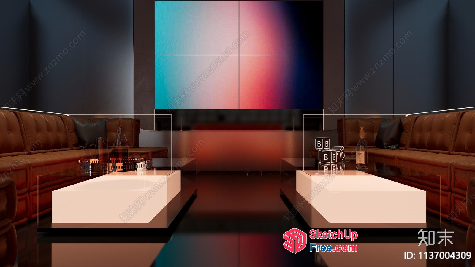 Modern Living Room With Large Tv And Leather Couches 3D SketchUp File