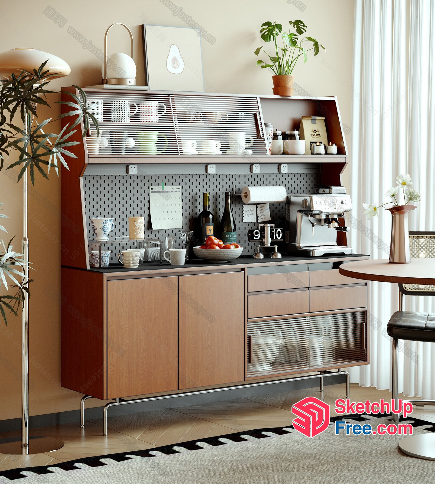 Mid-Century Modern Coffee Station With Wood And Metal Accents 3D SketchUp File