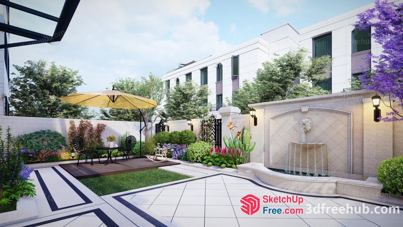 Elegant Outdoor Space With Fountain And Patio 3D SketchUp File