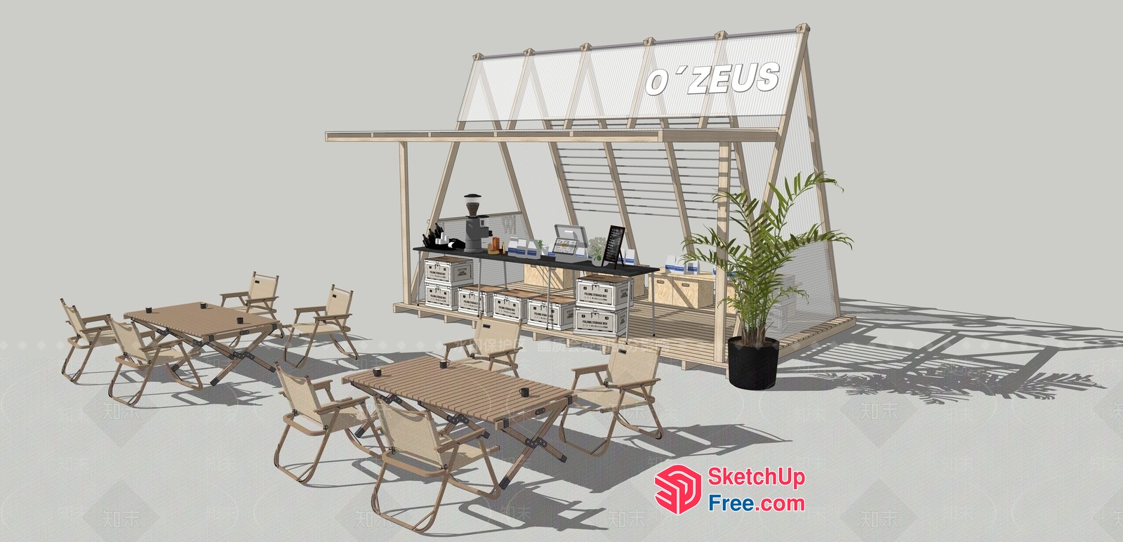 Outdoor Coffee Shop With Minimalist Style And Natural Elements 3D SketchUp File