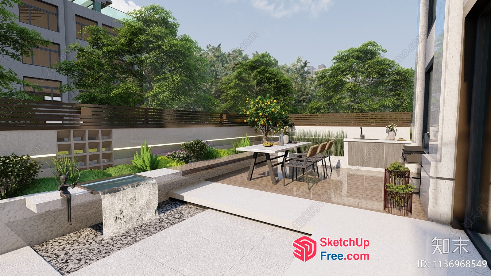 Modern Outdoor Patio With Water Feature 3D SketchUp File