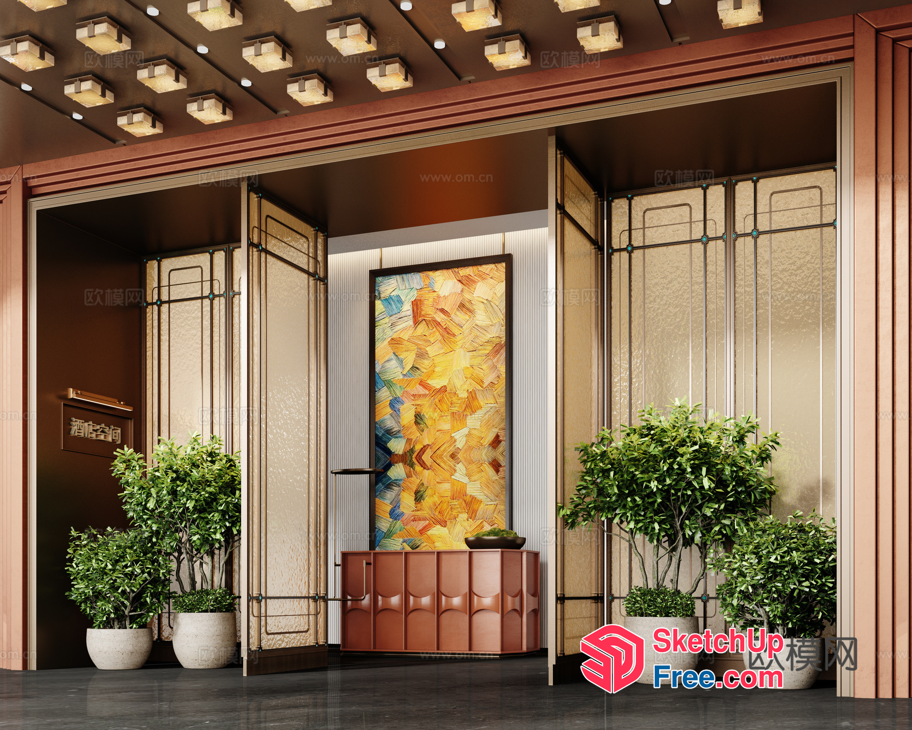 Elegant Entrance With Vibrant Artwork And Lush Greenery 3D SketchUp File