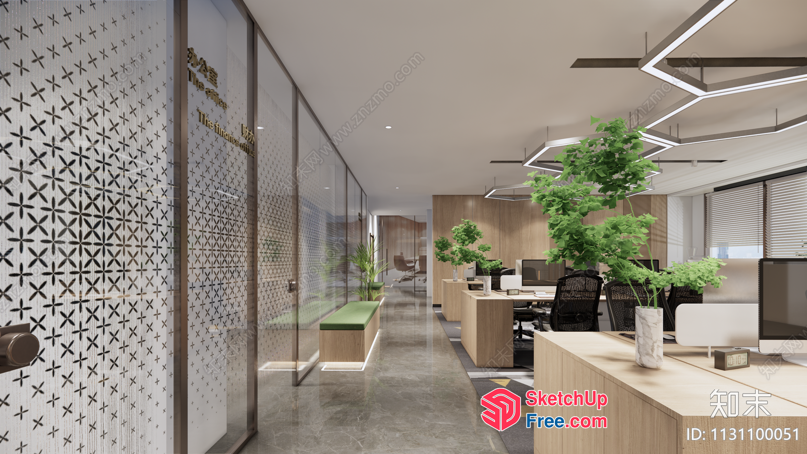 Modern Office Interior With Glass Curtain Wall And Green Plants 3D SketchUp File