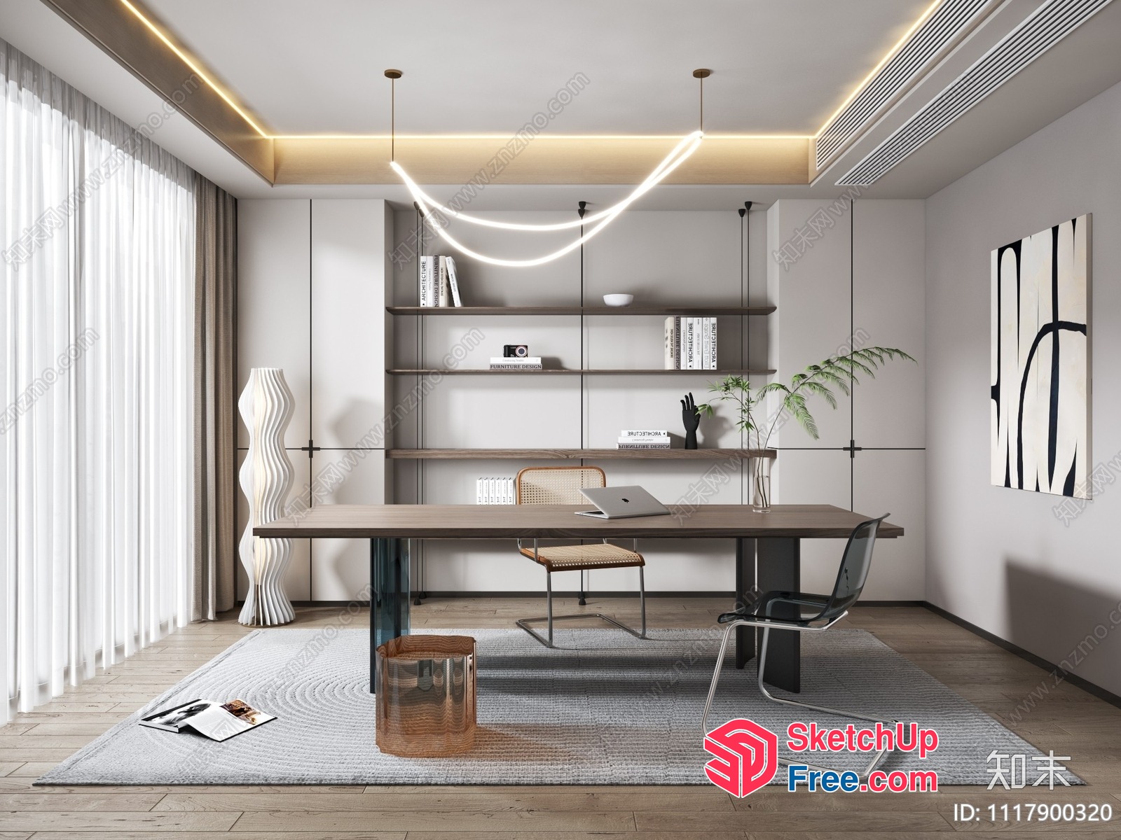 Modern Minimalist Office Interior With Wooden Table And Chairs 3D SketchUp File