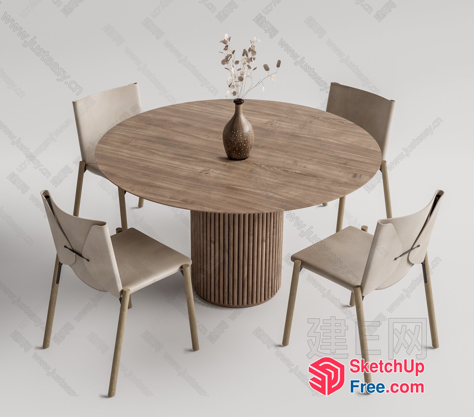 Modern Round Wooden Dining Table With Four Chairs 3D SketchUp File