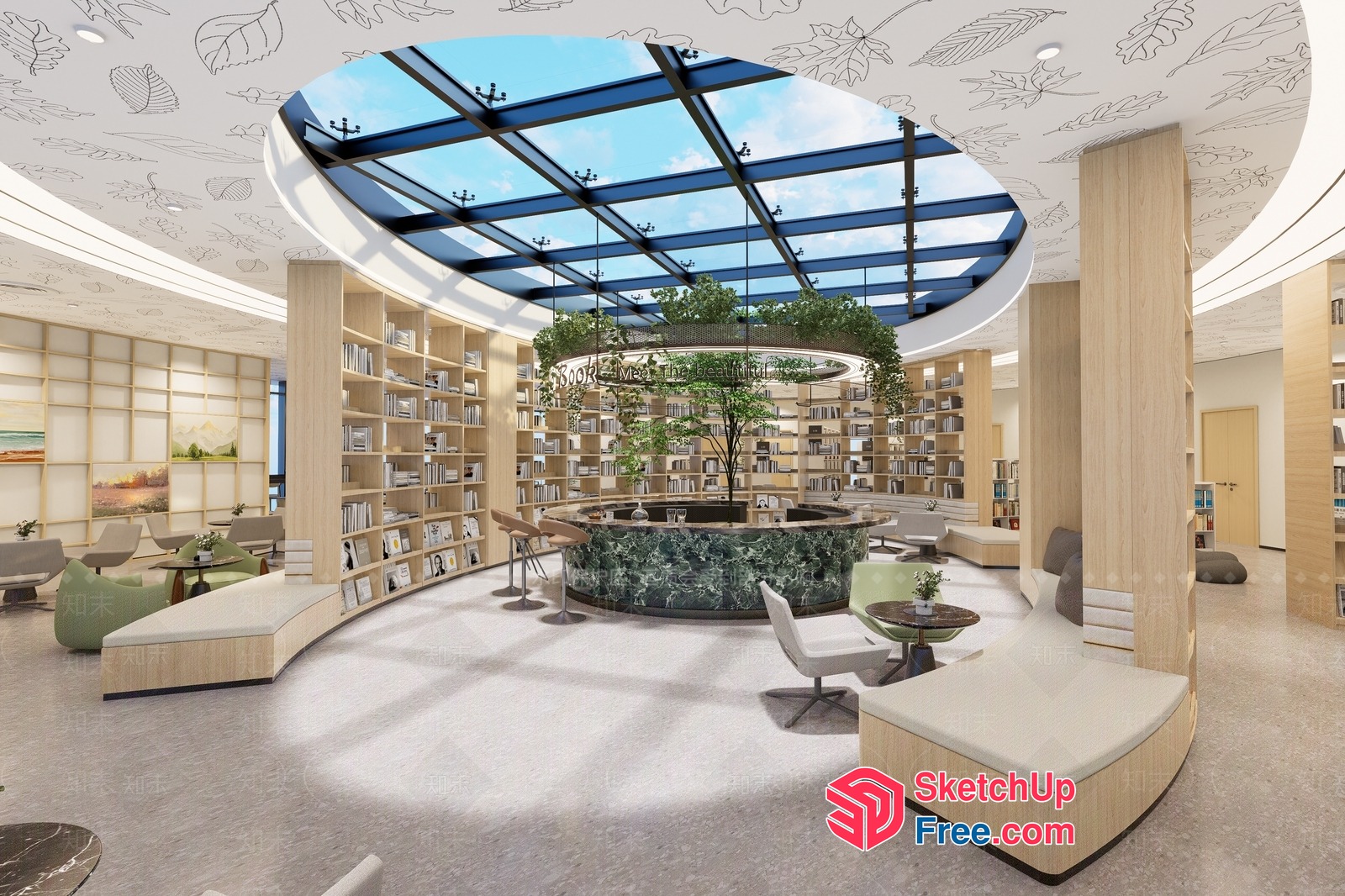 Modern Library Interior With Natural Light And Greenery 3D SketchUp File
