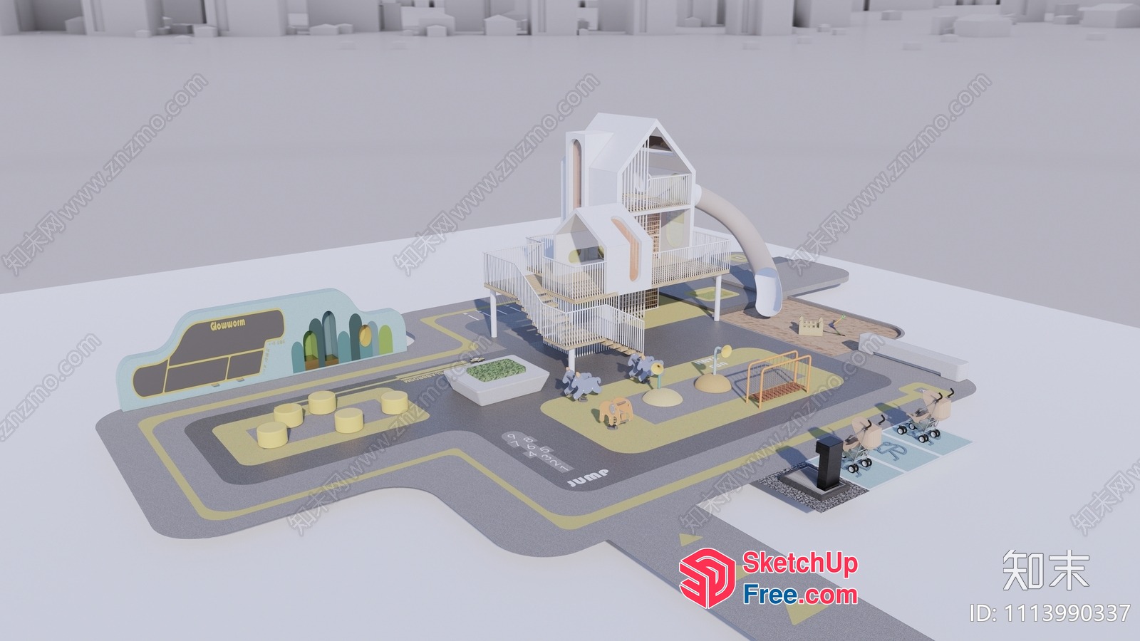 3D Rendering Of A Modern Playground With A Unique Slide And Climbing Structure 3D SketchUp File