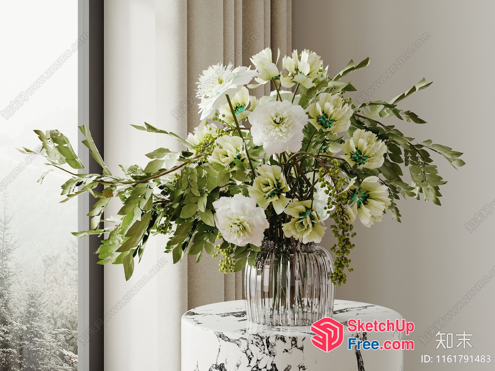 Elegant White And Green Flowers In Glass Vase 3D SketchUp File