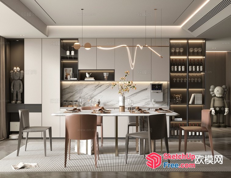 Modern Kitchen Dining Room With Sleek White Marble Table 3D SketchUp File