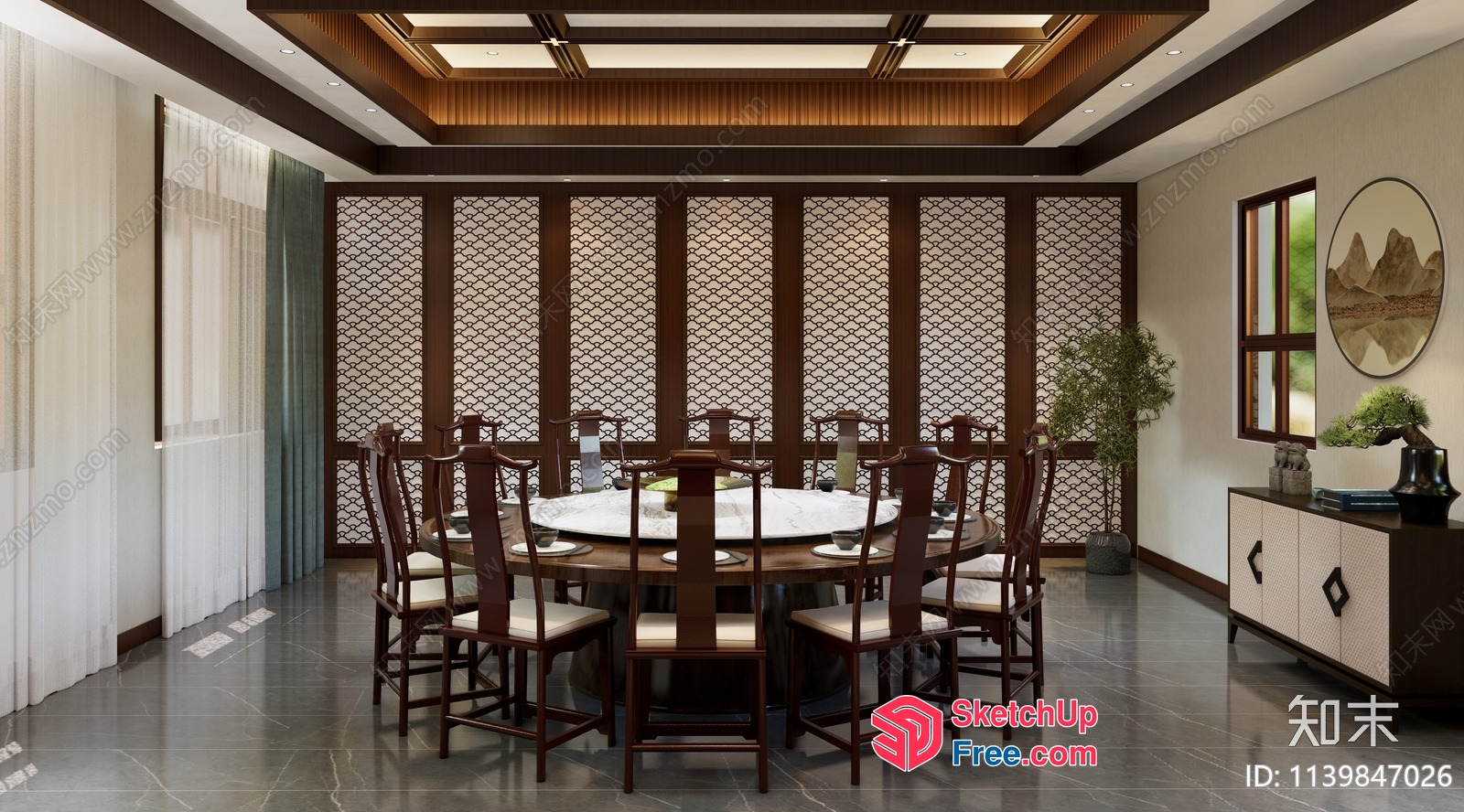 Elegant Dining Room With Round Table And Wood Chairs 3D SketchUp File