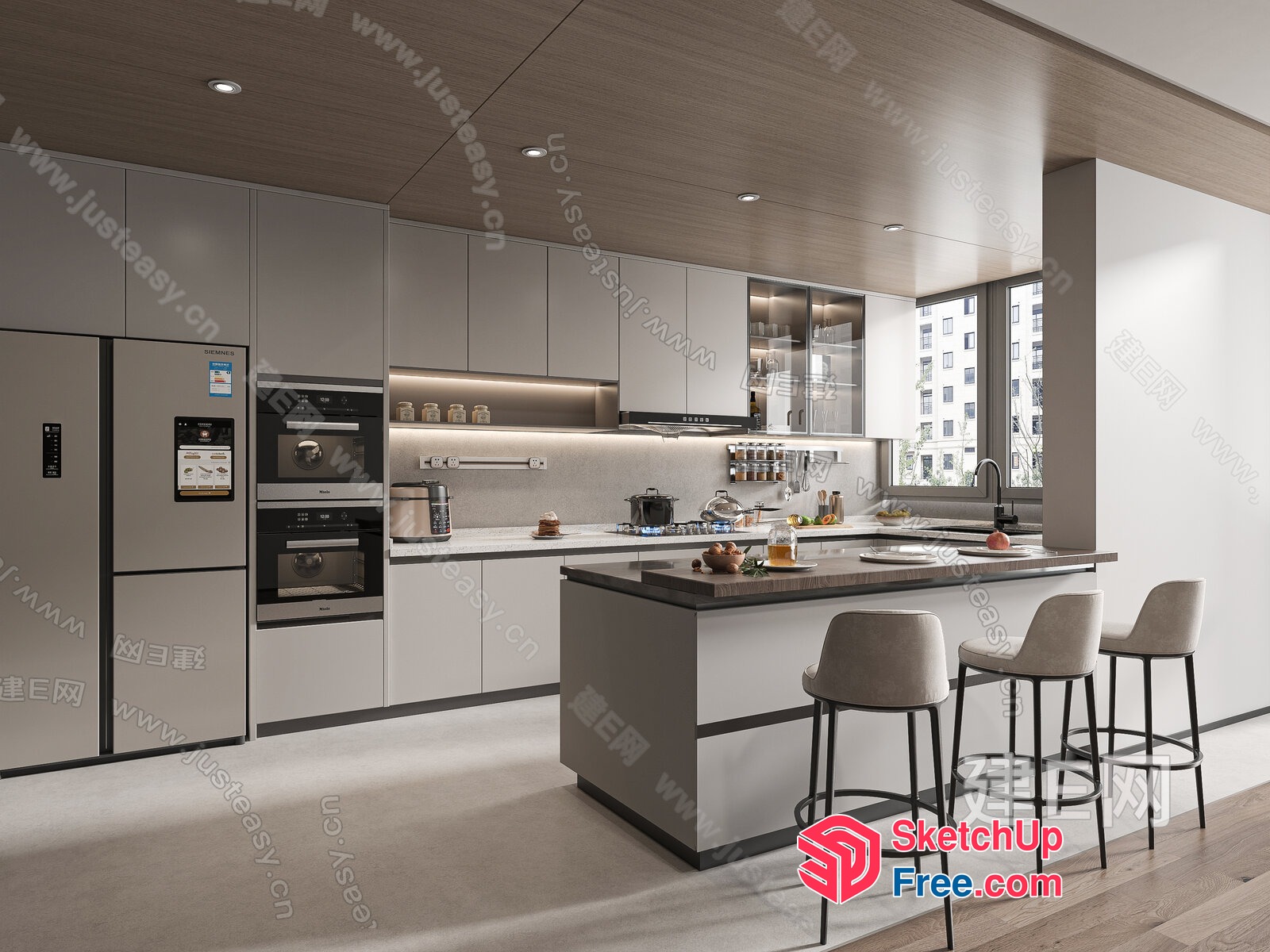 Modern Kitchen Island With Bar Stools 3D SketchUp File