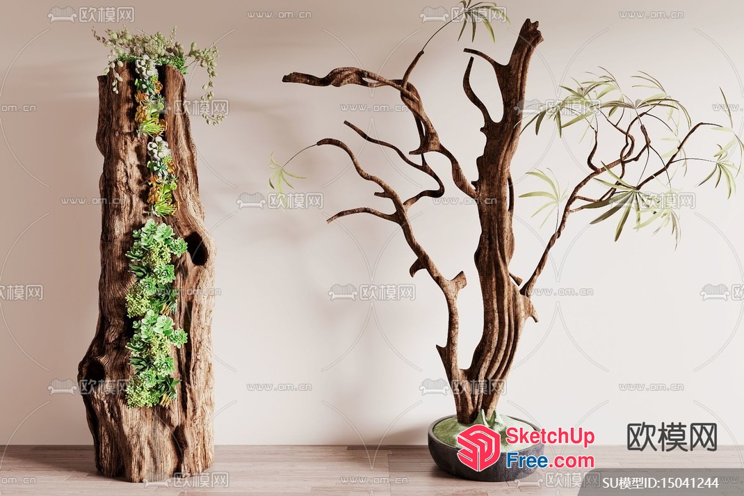 Decorative Tree Trunks With Plants And Branches 3D SketchUp File
