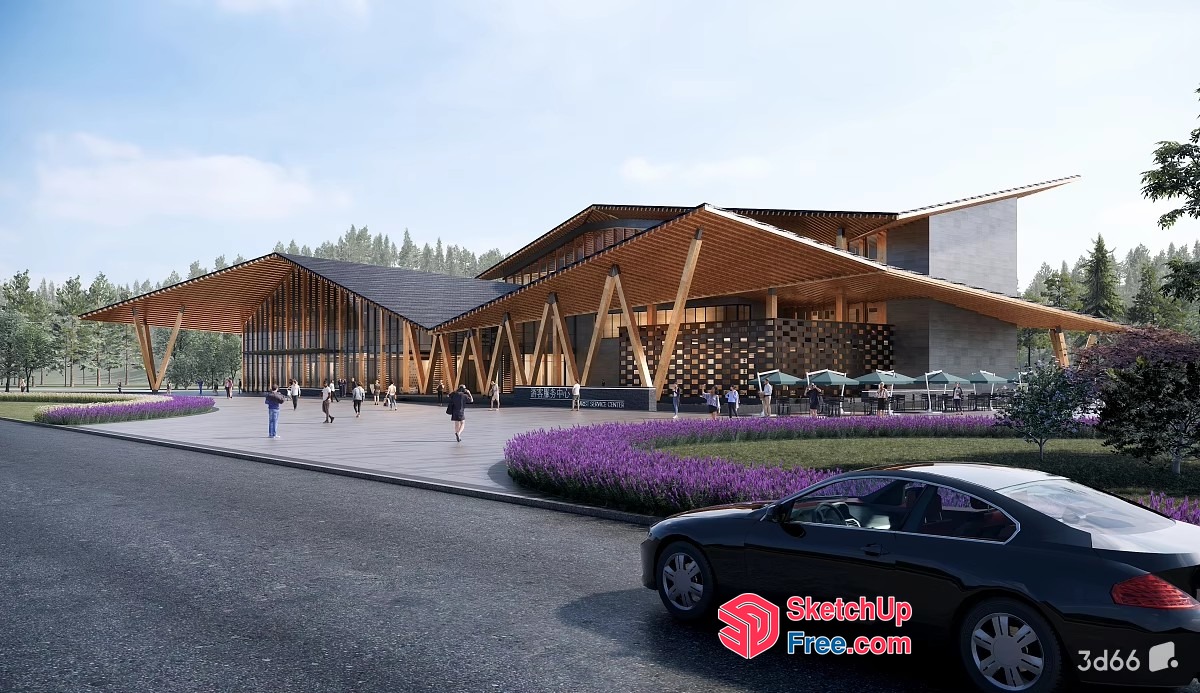 Modern Wooden Building With Large Roof And Car Park 3D SketchUp File