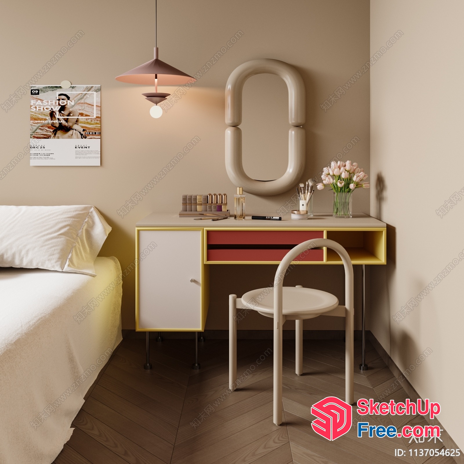 Modern Minimalist Bedroom With Creamy Style And European Decor 3D SketchUp File