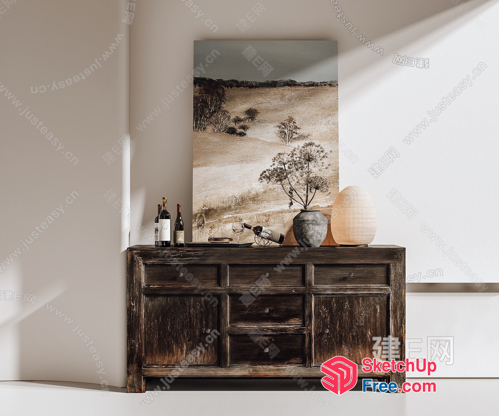 Wooden Sideboard With Wine Rack And Artwork 3D SketchUp File