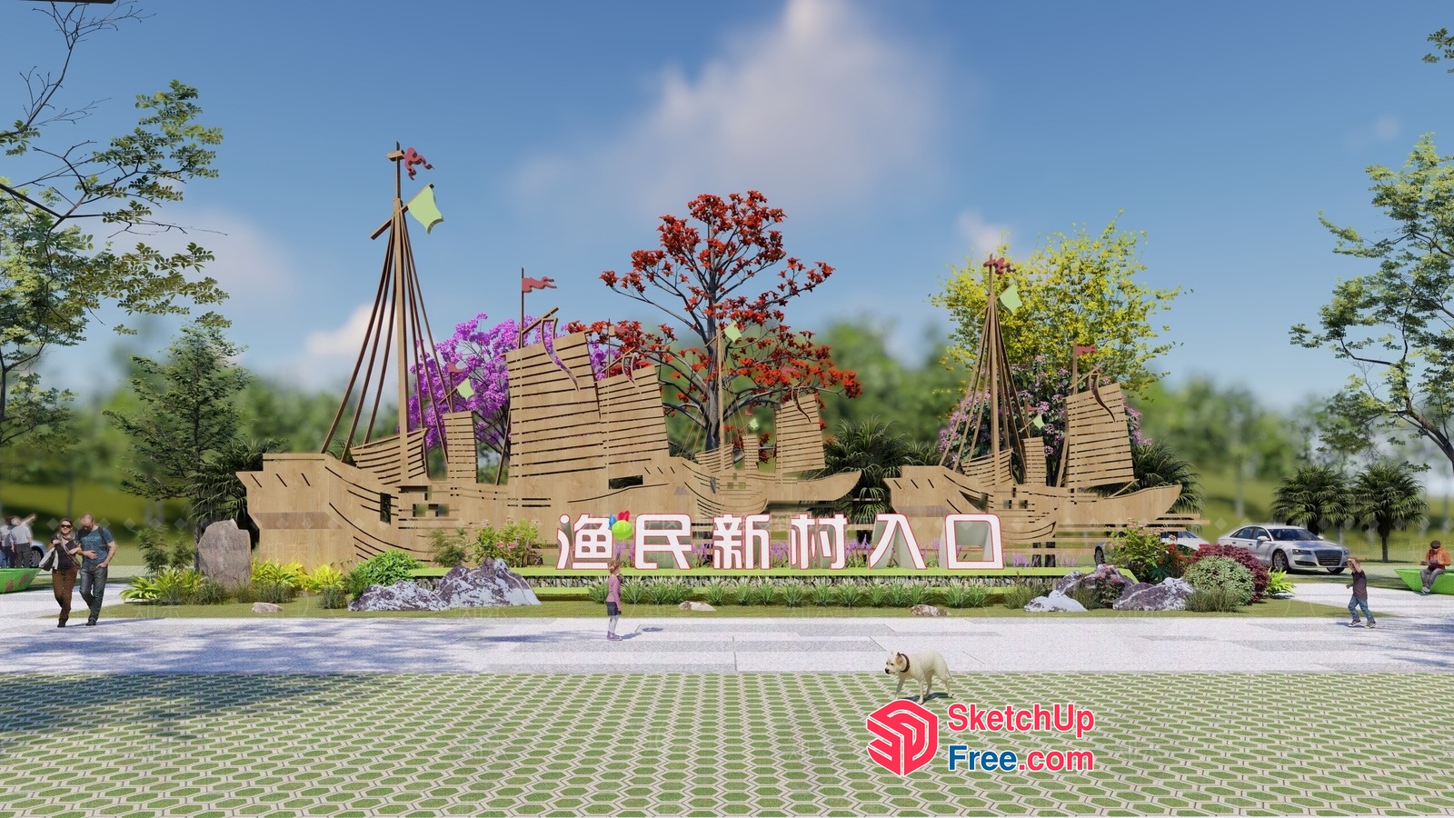Asian-Inspired Outdoor Park Decor 3D SketchUp File