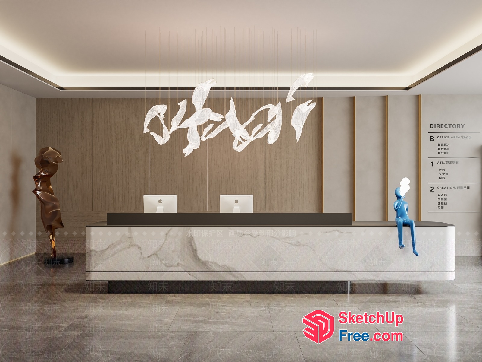 Modern Office Reception Desk With Artistic Light Fixture 3D SketchUp File