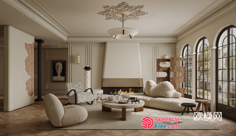 Elegant And Modern Living Room With Fireplace 3D SketchUp File