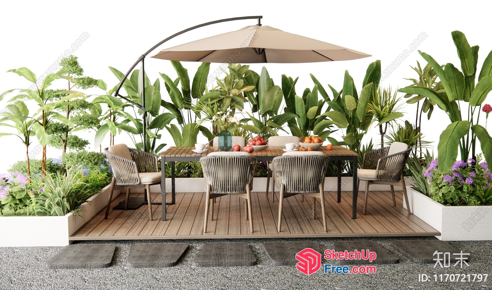 Tropical Outdoor Dining Area With Wooden Table And Chairs 3D SketchUp File