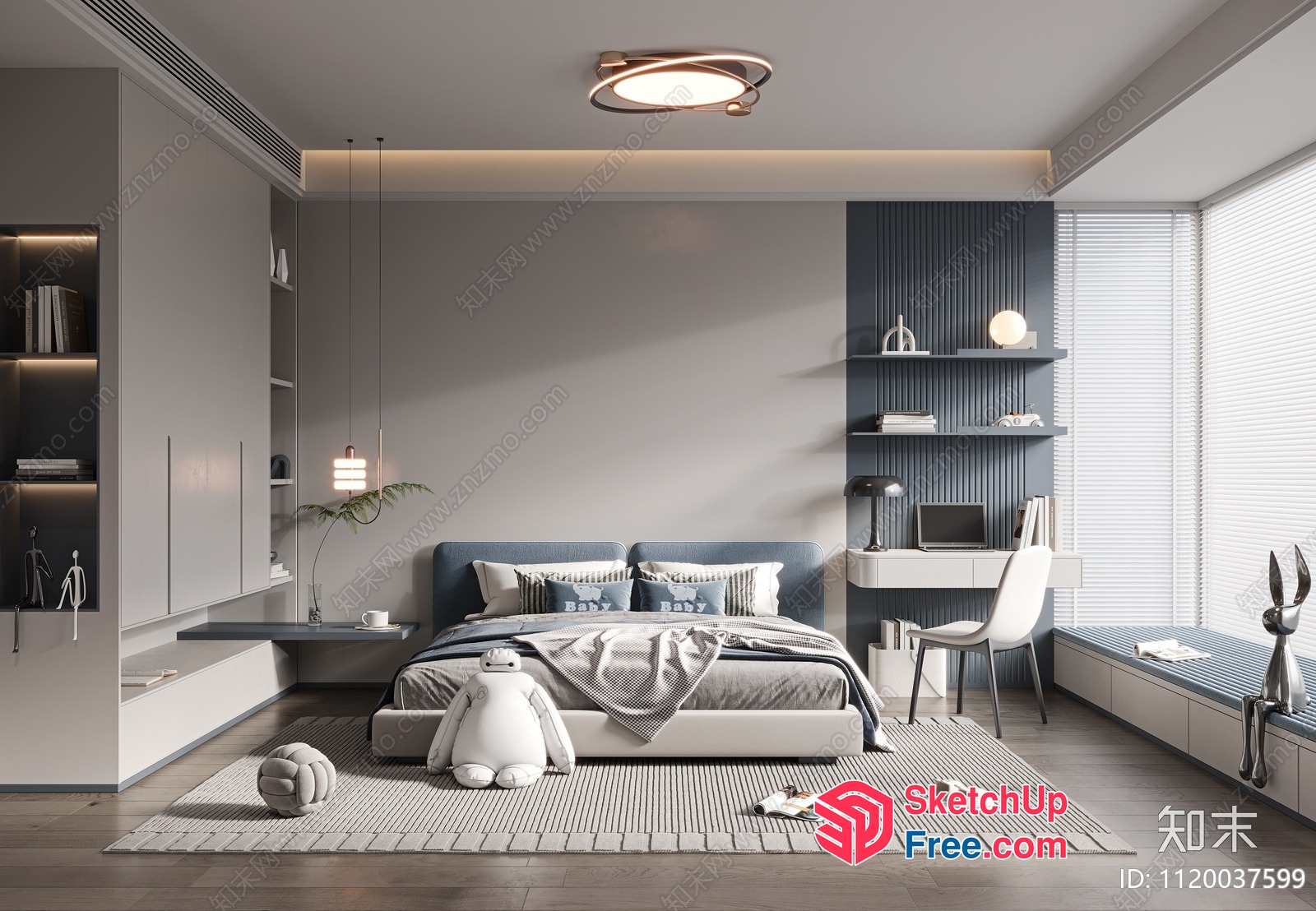 Modern Minimalist Bedroom With Bed And Study Area 3D SketchUp File
