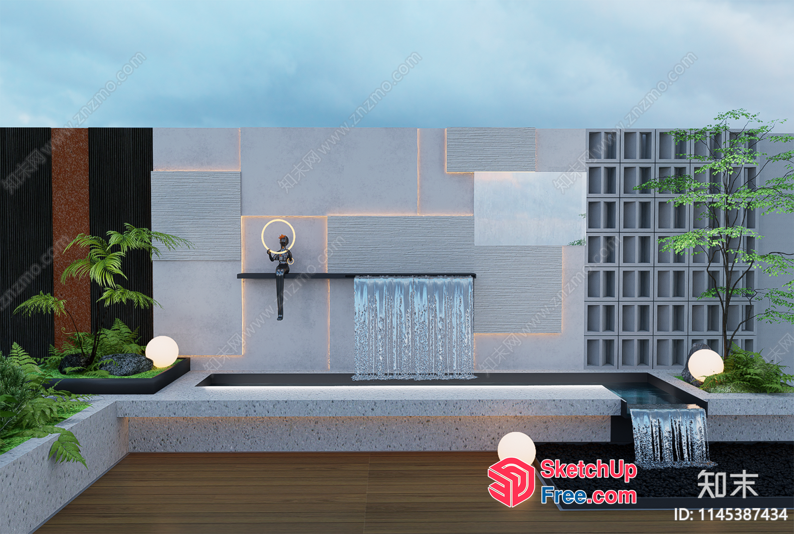 Modern Water Feature With Statues And Plants 3D SketchUp File
