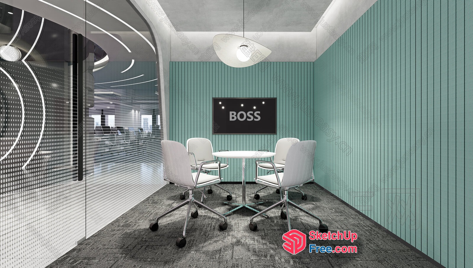 Modern Conference Room With Glass Wall And Recessed Lighting 3D SketchUp File