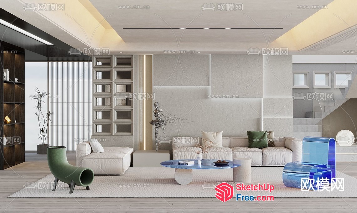 Modern Living Room With Creamy And Light Colored Furniture 3D SketchUp File