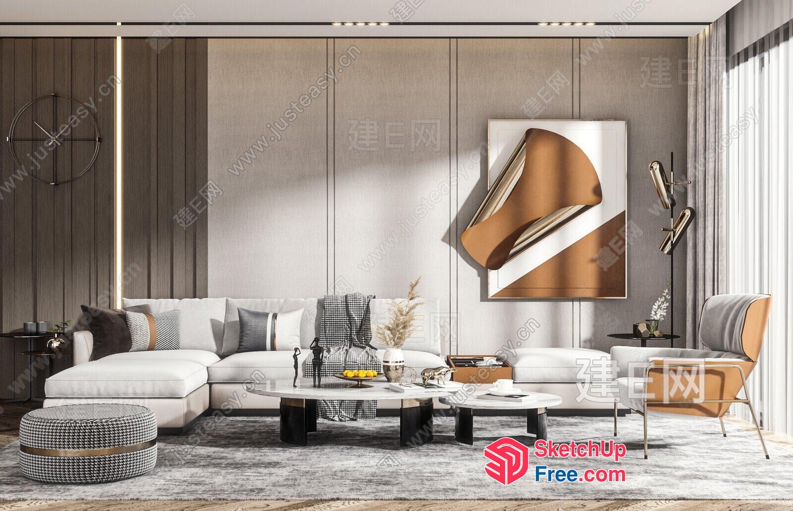 Elegant Modern Living Room With Neutral Tones And Abstract Art 3D SketchUp File